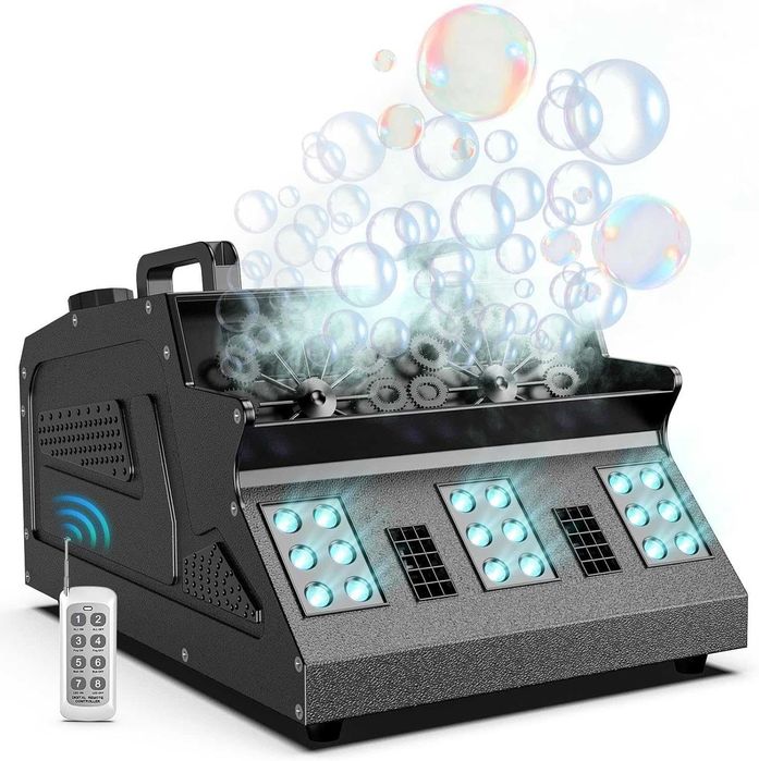 Dispozitiv de bule cu fum greu de 1500 W și telecomandă, 18 LED-uri RGB, compatibilitate DMX512, control independent al funcțiilor de fum și bule