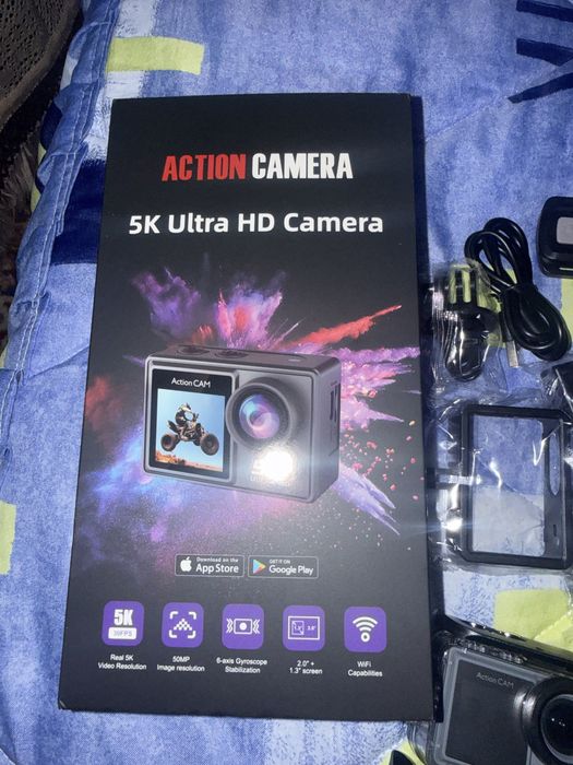 Cameră Video Action 5K Ultra HD - NOUĂ / 50MP / Stabilizare / Dual Screen / Accesorii