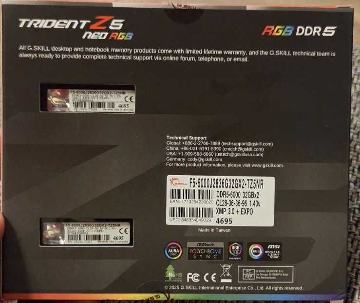 G.SKILL Trident Z5 Neo RGB Series 64GB (2 x 32GB) 288-Pin PC RAM DDR5 6000 (PC5 48000) Model F5-6000J2836G32GX2-TZ5NR
