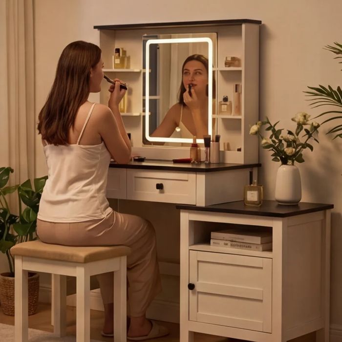 Стилна Тоалетка за Гримиране с LED Осветление и Допълнителен Шкаф