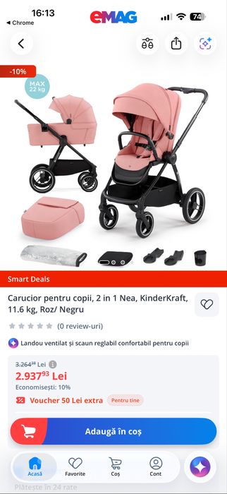 Carucior pentru copii, 2 in 1 Nea, KinderKraft, Roz/ Negru