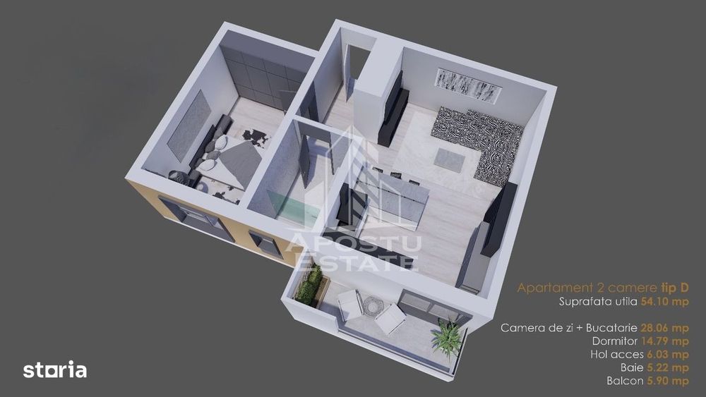 Apartament cu 2 camere 54 mp utili la parter finalizat la asfalt Giroc