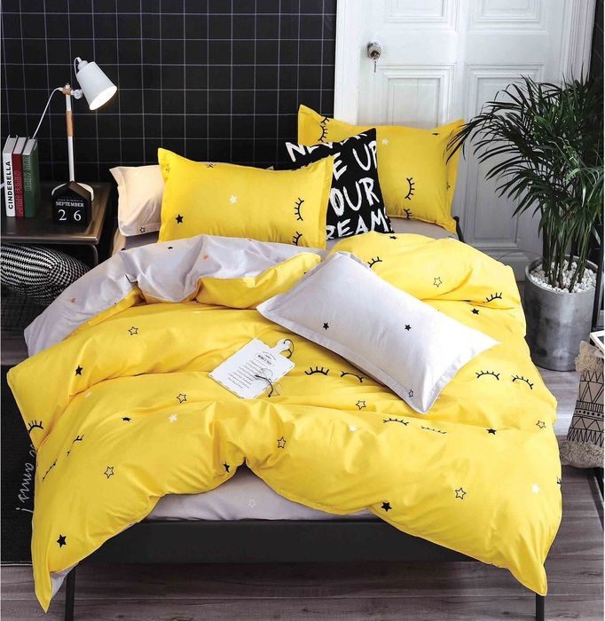 Lenjerie De Pat Sola Xc092, Bumbac, 4 Piese, Cu Elastic, Galben