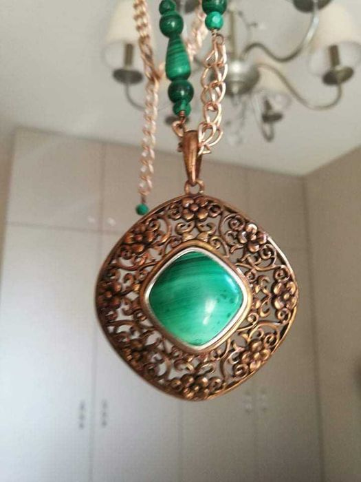 Дизайнерско колие - сребро, бронз и малахит