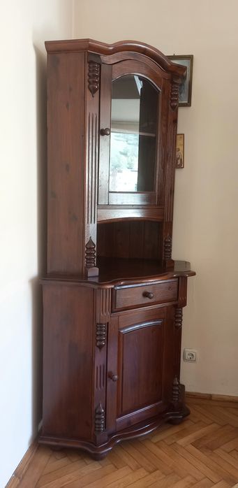 Piesă mobilier de colț cu vitrină - lemn masiv - VINTAGE