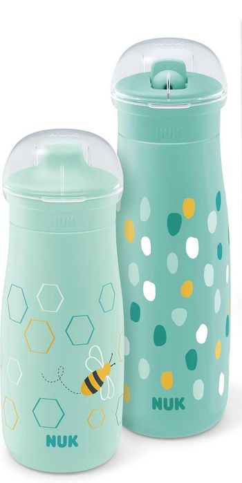 NUK Mini-Me – Комплект детски чаши Sip & Flip, 300 мл и 500 мл, 9–12+ месеца, Mint Dots & Bee