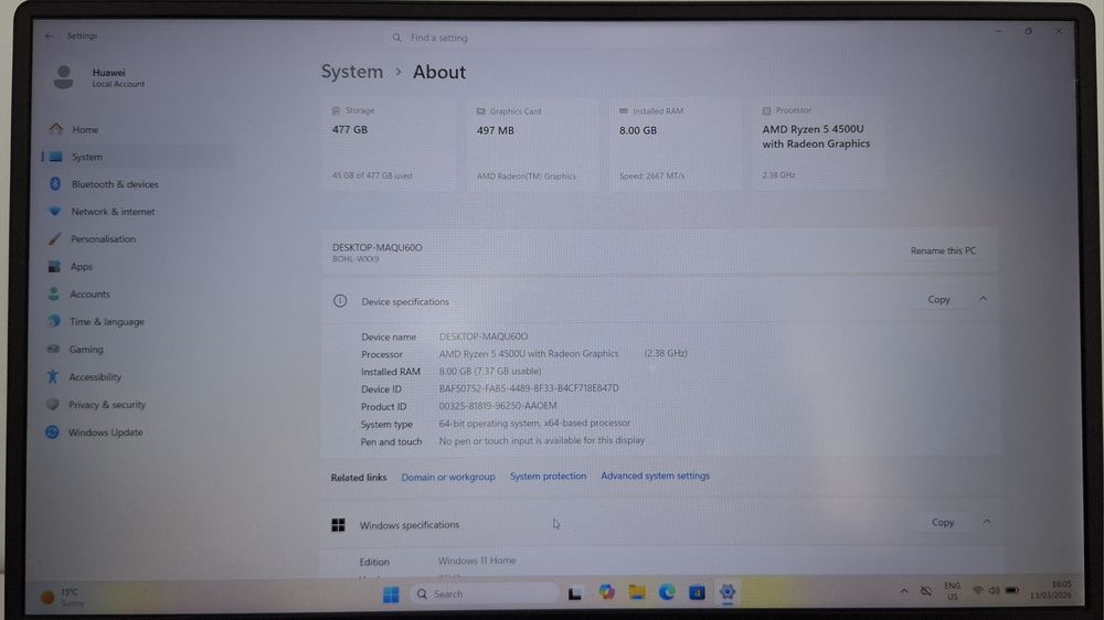 Лаптоп Huawei Matebook D15 | Ryzen 4500U | 8GB | 256 SSD