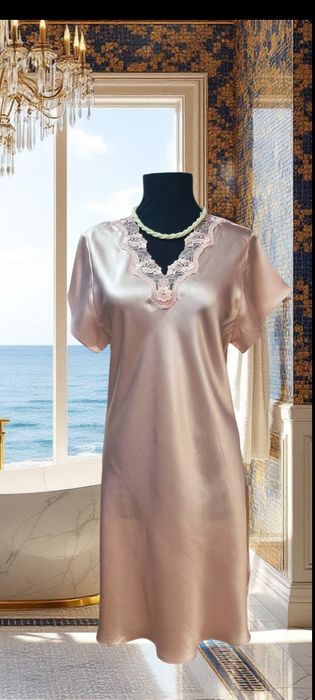 Cămașă de noapte Silksilky 100% mătase naturală roz pudră