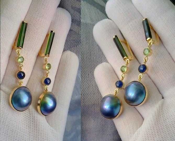cercei unicat aur 14k cu safire, turmaline si perle naturale