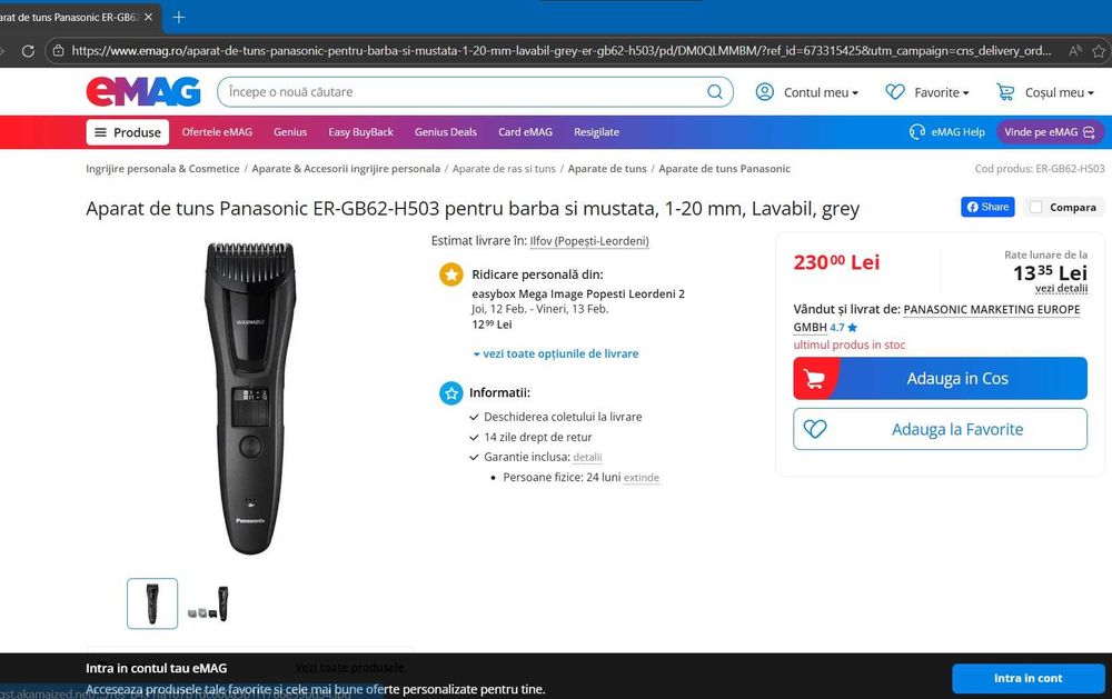 Aparat de tuns Panasonic ER-GB62-H503 pentru barba si mustata, 1-20 mm