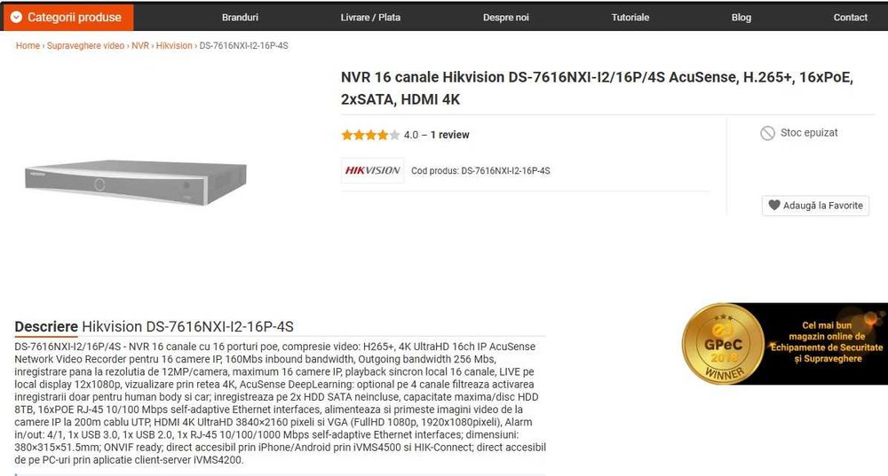 Vand NVR Hikvision DS‑7616NXI‑I2/16P/4S – 16 canale, 16 PoE, AcuSense 4S – Second-hand, funcțional – HDD 4TB inclus