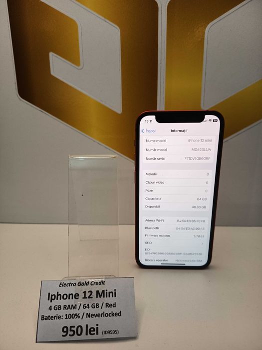 Iphone 12 Mini 64GB Red/Neverlocked/Baterie:100%/ca NOU! ID9595