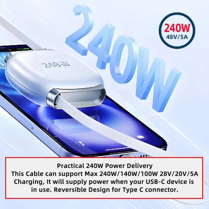 Кабель Chenyang USB-C на USB-C выдвижной, быстрая зарядка PD 240W