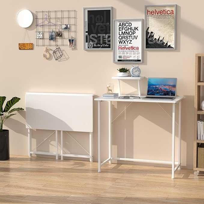 Сгъваема маса със стойка за монитор, бяла, компютърна 80 x 45 x 75 см,