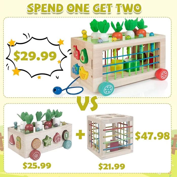 Дървена играчка куфар Монтесори 6в1 за двигателни и сензорни умения