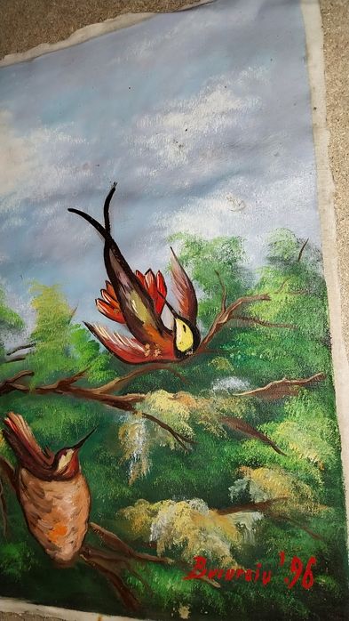 Tablou ulei pe pânză semnat „Bucuroiu ’96” – peisaj montan cu păsări –