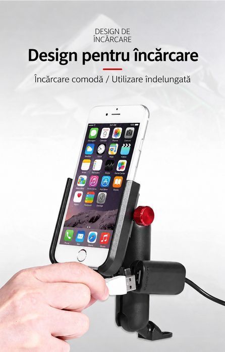 Suport Telefon Motocicletă cu Încărcare USB, Rotire 360°, Aluminiu, Prindere Ghidon