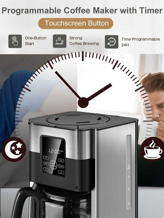 Cafetiere programabila Homtone, 1000 W, 1,8 l, 12 cesti, inox, negru