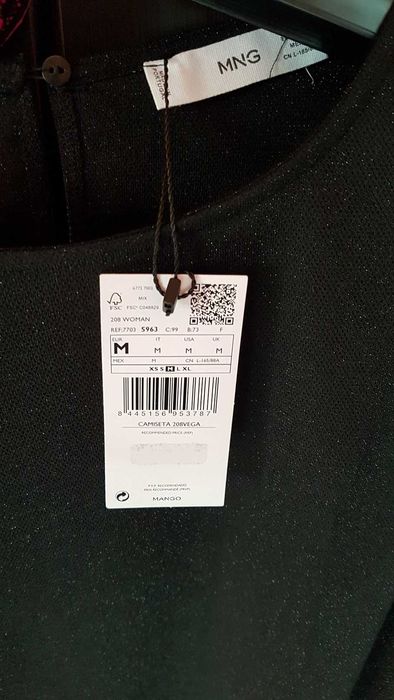 Черна блестяща блузка с къс ръкав Манго