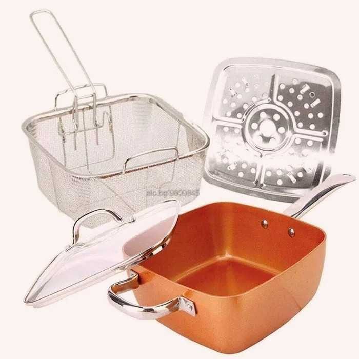 Нов дълбок меден тиган Copper Pan, Комплект 6 в 1, Незалепващо Cerami-Tech покритие, Индукционно дъно С лека драскотина