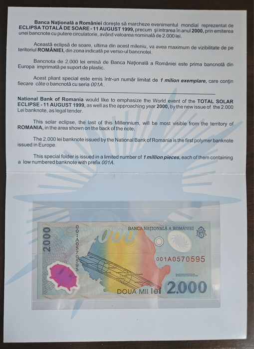 Doua (2) bancnote de colectie de 2000 lei cu Eclipsa totala de Soare d