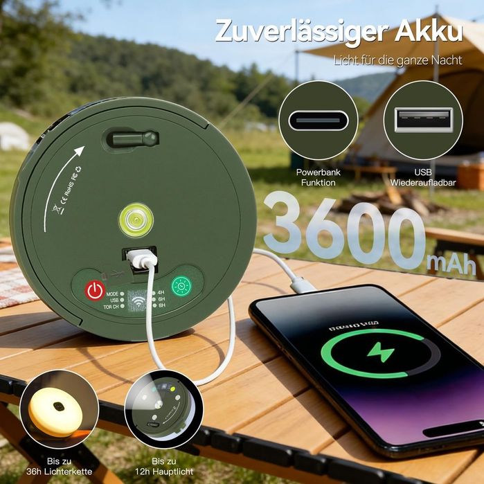Instalație LED pentru camping Hopexy 20 m – 4 în 1, 3600 mAh, USB, IP44