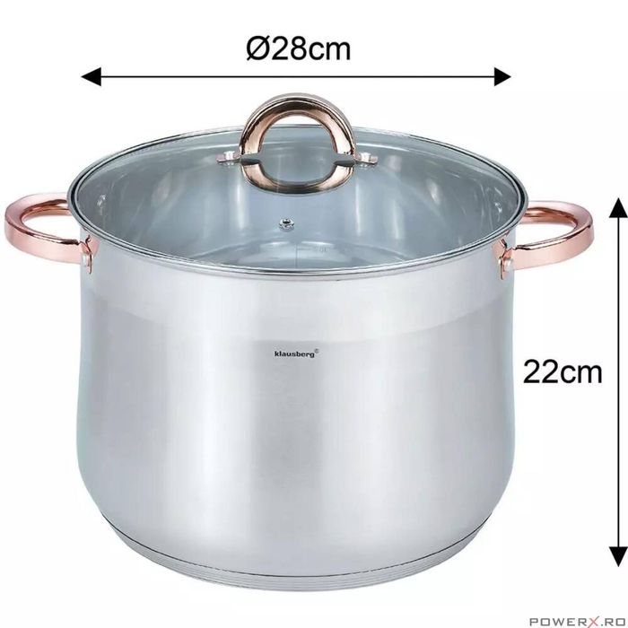 Oala din inox cu capac din sticla, diametru 28 cm, capacitate 13