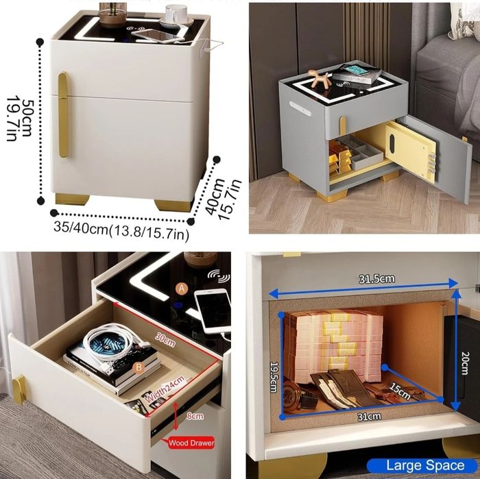 Noptiera smart multifunctionala GRI seif ascuns iluminare led boxe incorporate reglabila 3 culori 40x40x50cm