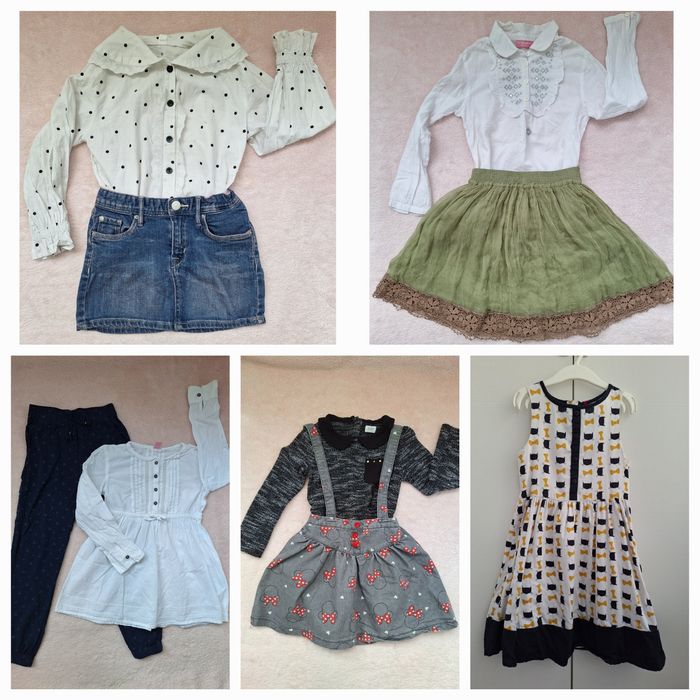 Set scoala 110-116-122 fetite 5-6-7 ani fusta si camasa bluza rochie