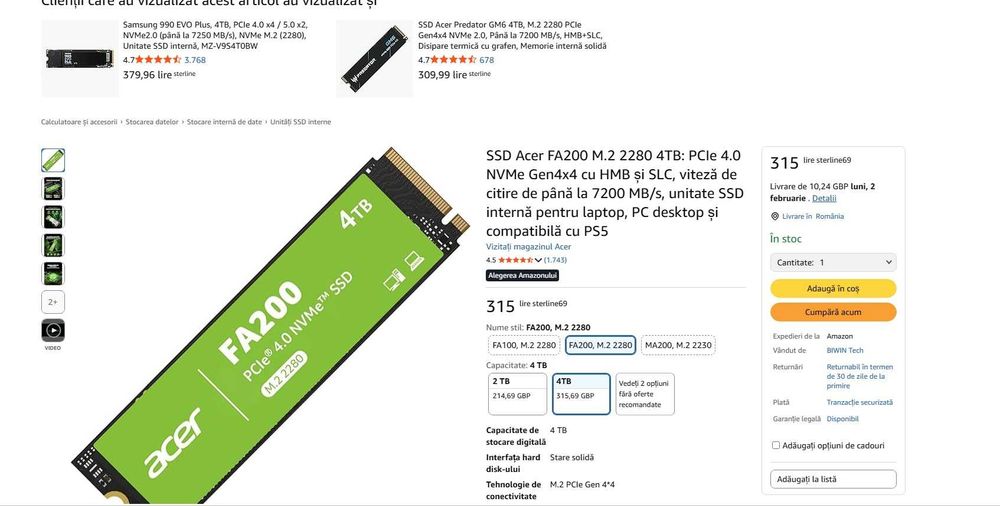 SSD Acer Fa200, PCIe 4.0, de 4 TB, M.2 2280, 7200 MB/s ,nou