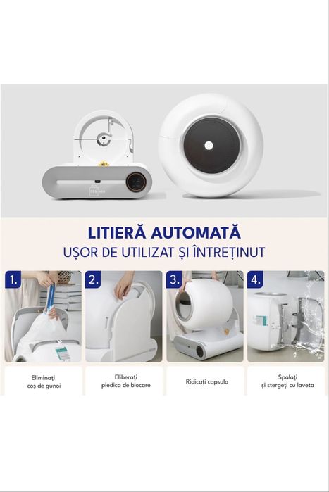 Litiera automata pentru pisica / pisici , auto-curatare, elimina mirosurile, aplicatie mobila, capacitate 9l, sterilizare IV, alb