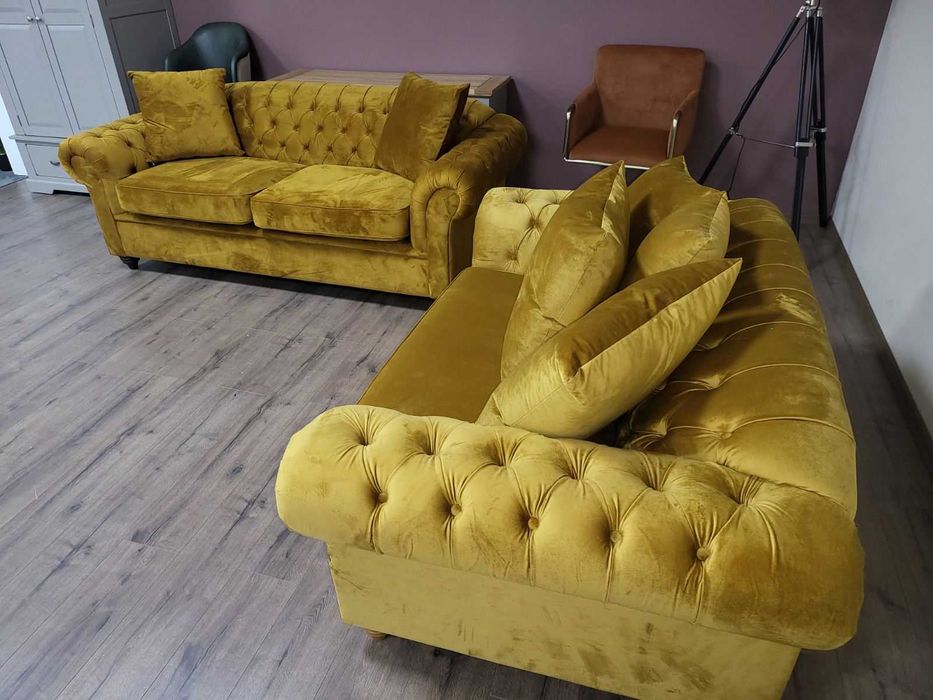 Жълт комплект дивани от плат - плюш тройка и двойка