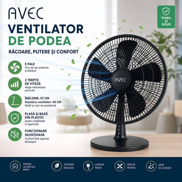 Ventilator de Podea AVEC 40 cm, 5 Pale, 3 Viteze, Funcționare Silențioasă