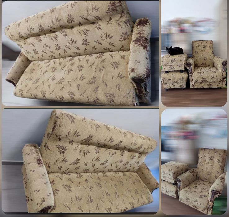 Разгъваем триместен диван, Фотьойл, 2 табуретки