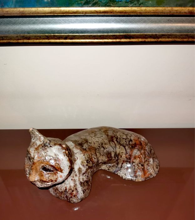 Керамична фигурa на котка тигър, ръчно изработена глазирана арт котка