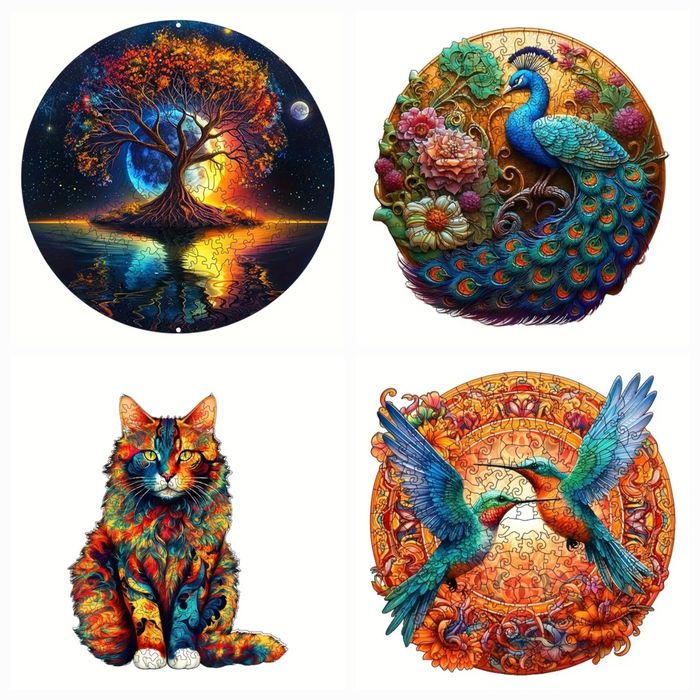 Красиви дървени пъзели различни видове интересни части с различниформи