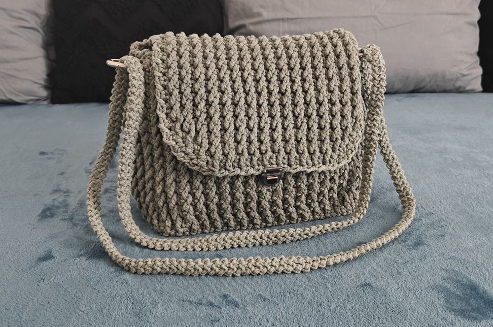 Geantă handmade croșetată, macrame, gri-verzui