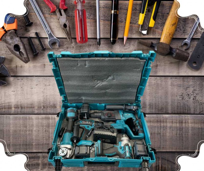 Комплект от акумулаторен перфоратор,ъглошлайф,гайковерт и винтоверт