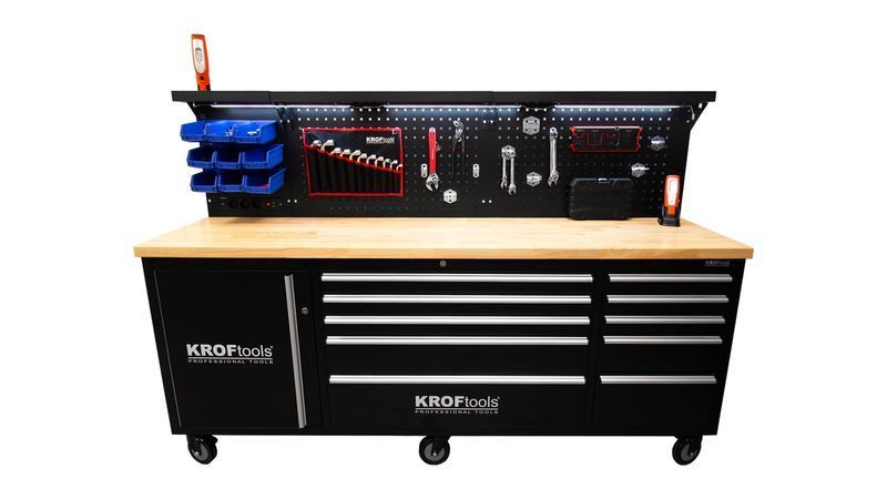 Професионална метална работна маса с 10 чекмеджета, плот от масивно дъ