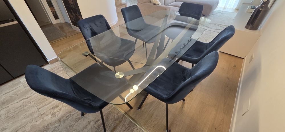 *Set dining – masă sticlă 200x100 cm + 6 scaune catifea bleumarin