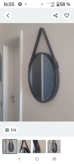 Oglindă rotundă de perete cu curea de piele neagră,diametru 41 cm