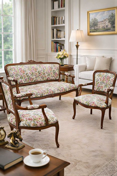 Антикварна гарнитура – диван с две кресла, жакард