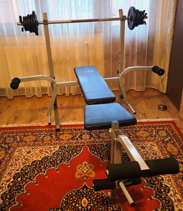 Banca exercitii + haltera cu greutati fonta 25 kg