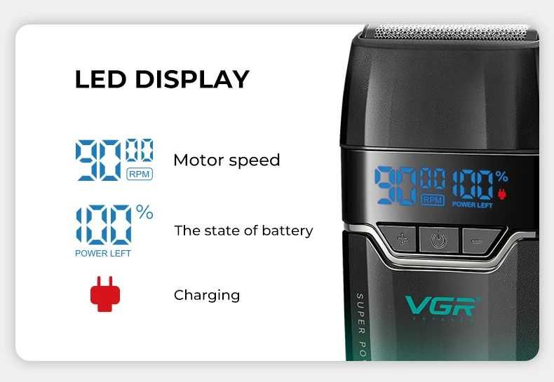 Професионален Метален Шейвър VGR V-308 – 9000 RPM, LED Дисплей (НОВ)