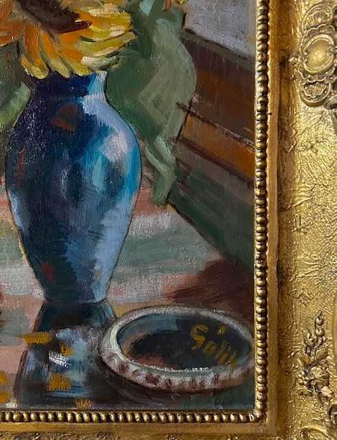 "FLOAREA SOARELUI"-Tablou f,foarte VECHI, ulei/lemn, semnat, 85x65cm