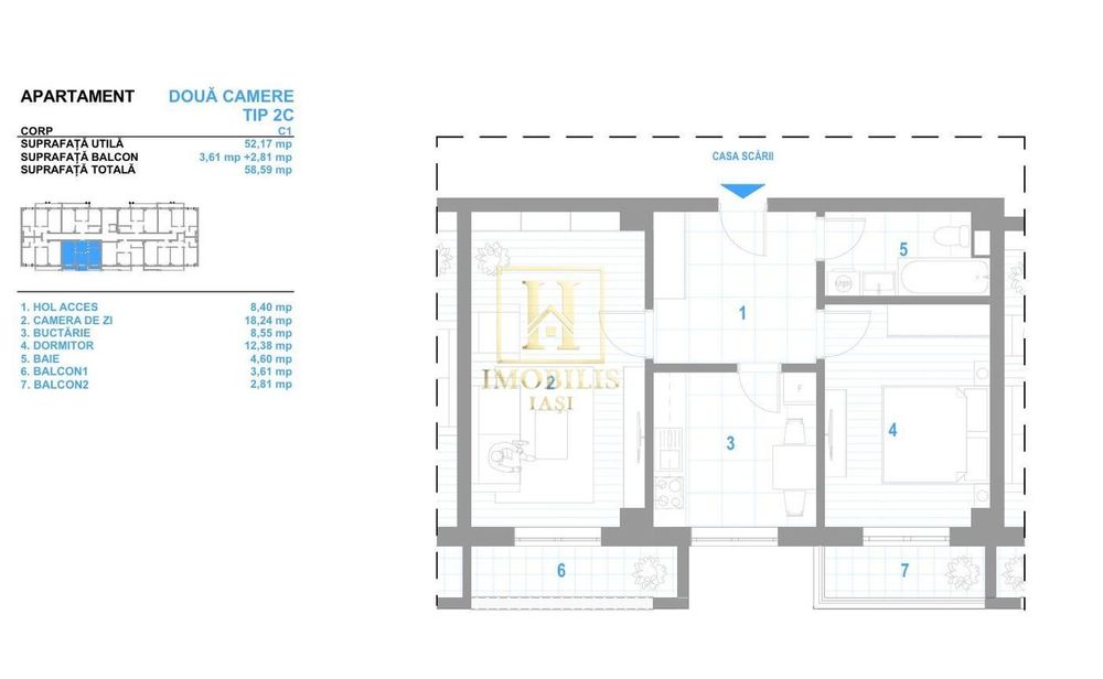 INTABULAT Apartament 2 camere Dec 58 mp Bucium 99700 euro