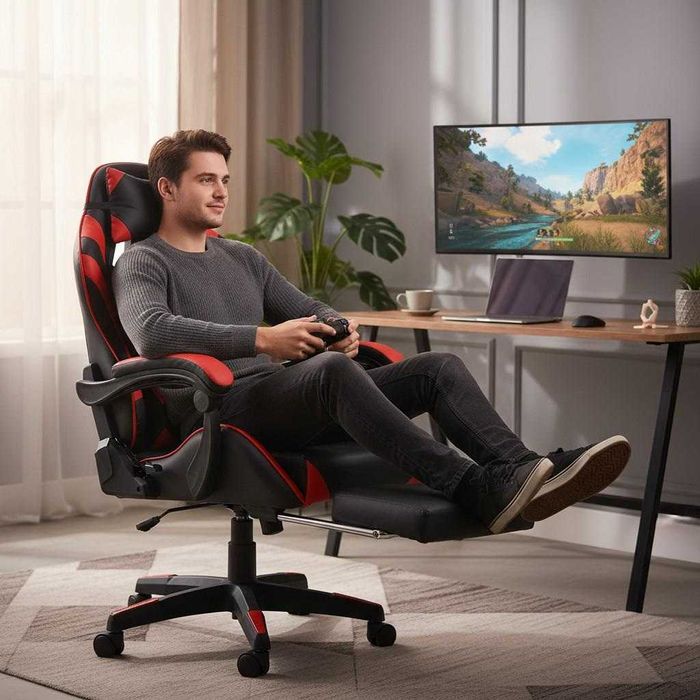 Геймърски стол Primaveo с Масажна функция, Прибираща поставка за крака