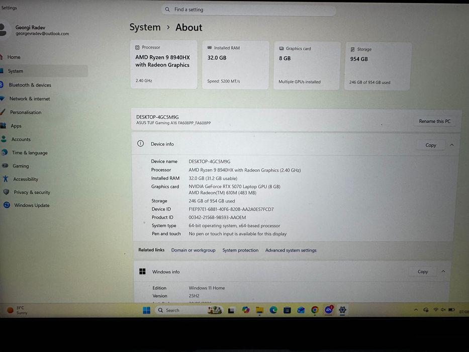 Asus TUF GAMING A16, Rtx 5070 , Ryzen 9, 1TB SSD, 32GB RAM Гейминг Лаптоп