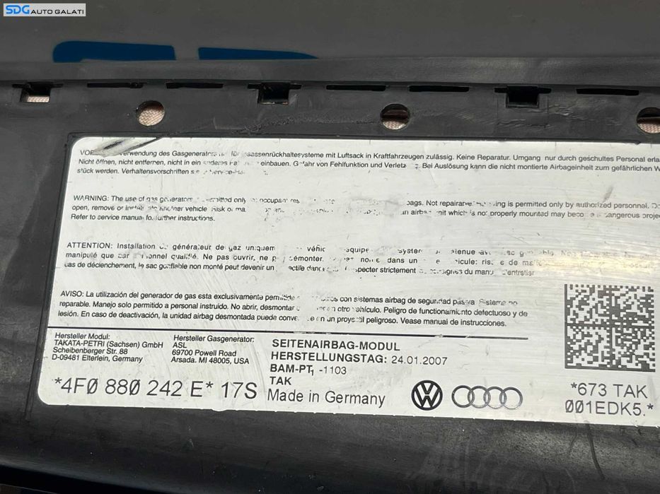 Airbag din Scaun Dreapta Fata Pasager Audi A6 C6 2005 - 2011 Cod 4F0880242E [L9705]