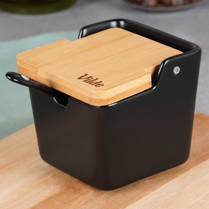 Захарница с лъжица, керамика/бамбук, черна, вместимост 250 мл